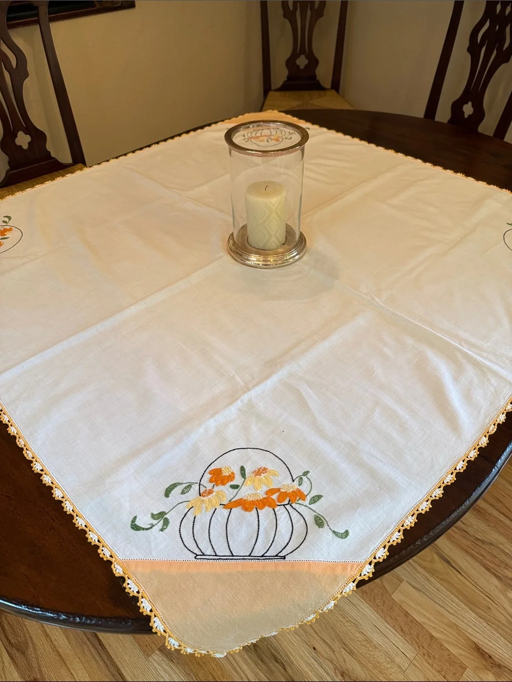 Vintage Embroidered Floral Basket Tablecloth - Orange and White Fall